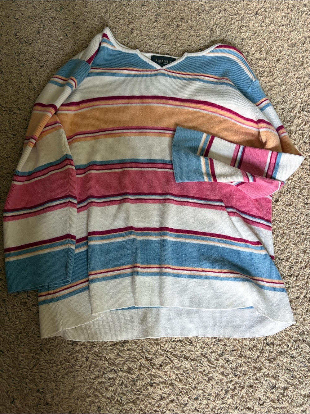 Van Heusen Multicolor Striped V-Neck Sweater - White, Blue, Pink, Peach